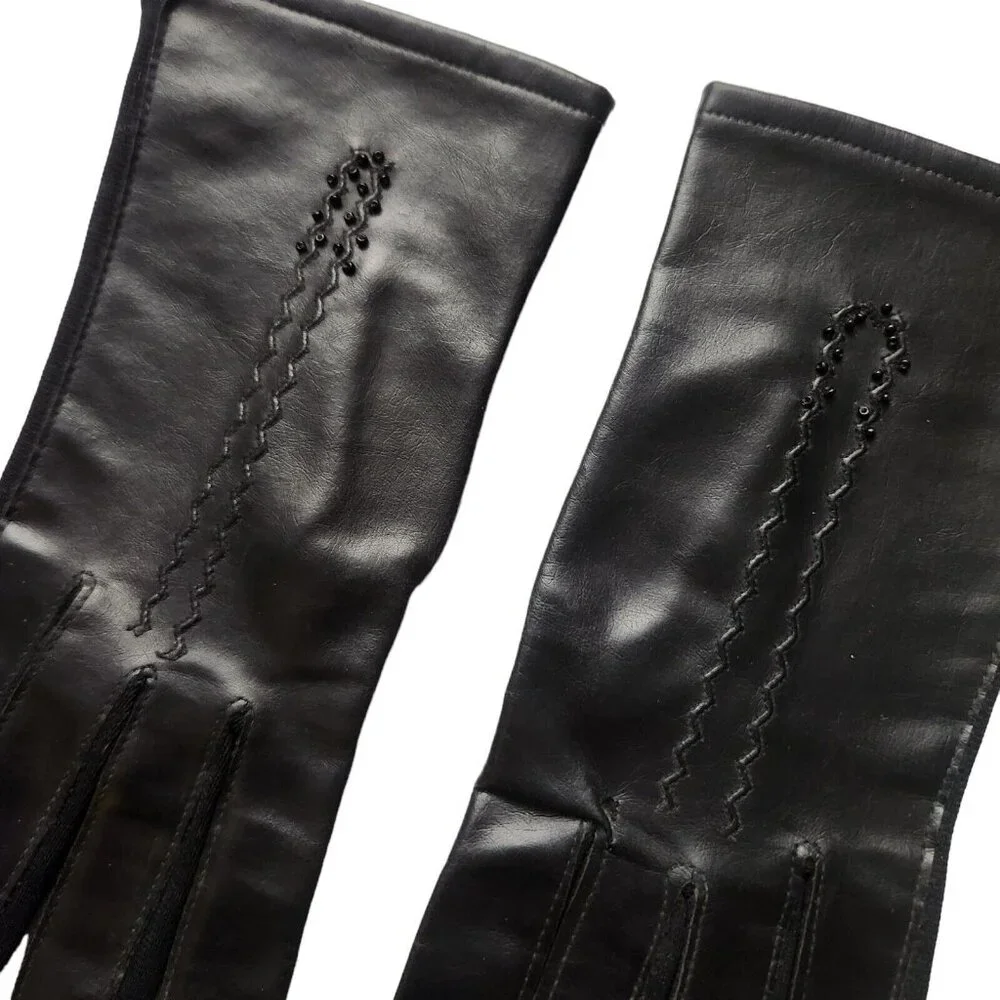 Vtg Made in Japan Black Beaded Vinyl Gloves Womens One Size Stretch Size 6.6-7